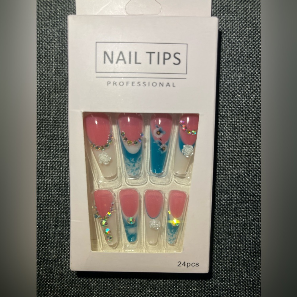 Pink and Blue Press-On Nails Tips with rhinestones